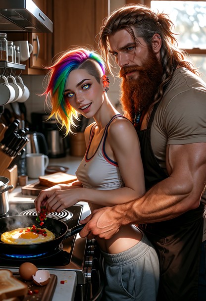 A cinematic ultra-detailed romantic picture of Shortie and Jim cooking an omelette together. Shortie is a striking wo…