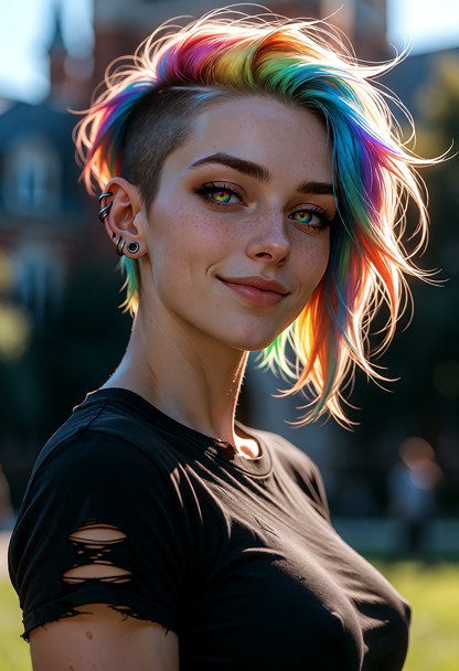 A cinematic, ultra-detailed picture of a striking woman in her late 20s with luminous hair that catches the warm afte…