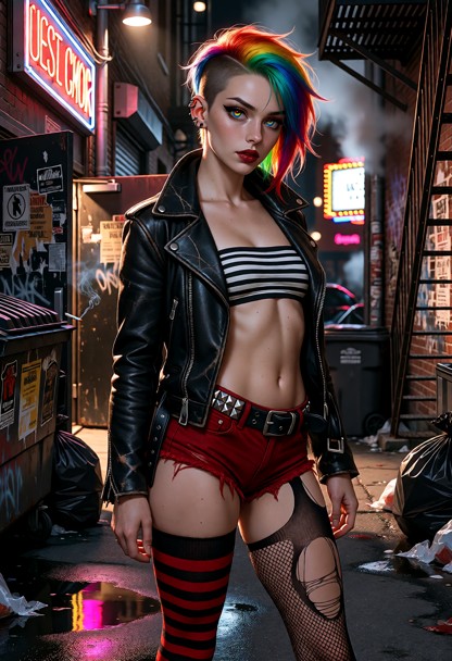 A full-body image of a punk woman standing in a narrow back-alley behind a nightclub after last call. Expressive rain…