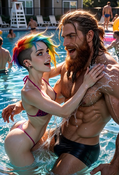 A cinematic ultra-detailed romantic picture of Shortie and Jim swimming and splashing each other in a pool. Shortie i…