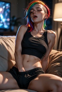 She slumps back into the couch, head tipped, eyes closed, mouth open. Rainbow hair falls across a shaved side. A blac…