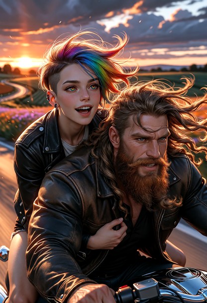 Shortie: Cinematic, ultra-detailed picture of a striking woman in her late 20s with luminous hair that catches the wa…