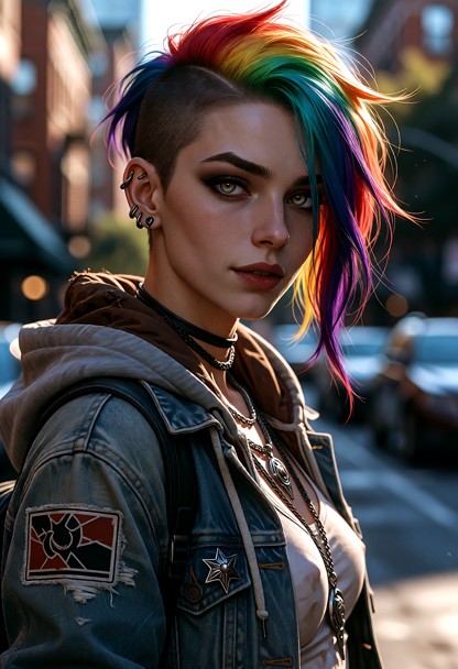 A close-up portrait of a young punk woman standing on a city street, body angled away, face turned toward the camera …