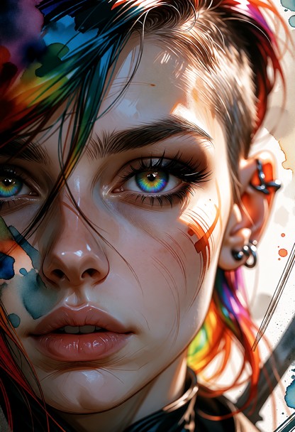 This is watercolor image depicting a woman's face, rendered in a free and expressive style. The composition is a clos…