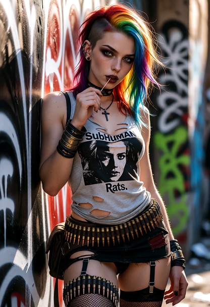 A young woman with a punk look stands in front of a graffiti-covered wall. She has pale skin, dark smoky eye makeup, …
