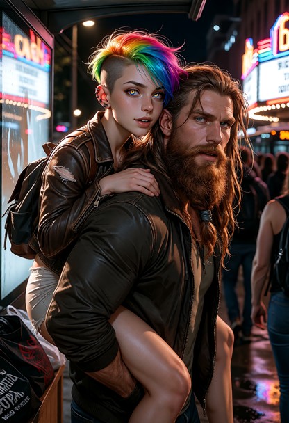 A cinematic ultra-detailed picture of Shortie and Jim at a crowded campus bus stop after a show. Shortie is a strikin…