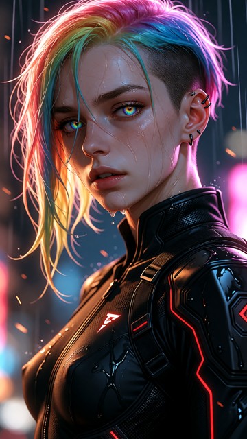 A highly detailed photorealistic image of a woman. The pink and blue neon light creates a luminous rim of light aroun…
