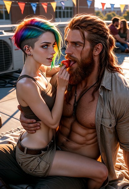 A cinematic ultra-detailed picture of Shortie and Jim on a campus rooftop. Shortie is a striking woman in her late 20…
