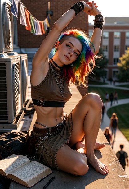 A cinematic ultra-detailed picture of the same woman on a campus rooftop. Hair loose and backlit into a luminous halo…