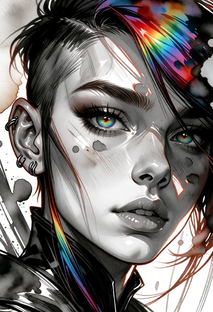 This is a black-and-white watercolor depicting a woman's face, rendered in a free and expressive style. The compositi…
