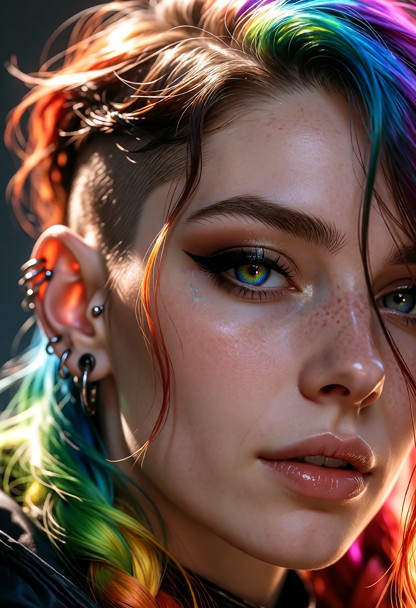 A cinematic, ultra-detailed picture of a striking woman in her late 20s with luminous, cascading hair that catches th…