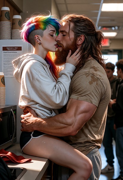 A cinematic ultra-detailed picture of Shortie and Jim stealing a moment in a student-lounge kitchenette. Shortie is a…