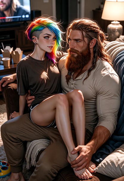 A cinematic ultra-detailed romantic picture of Shortie and Jim on a living-room couch. Shortie is a striking woman in…