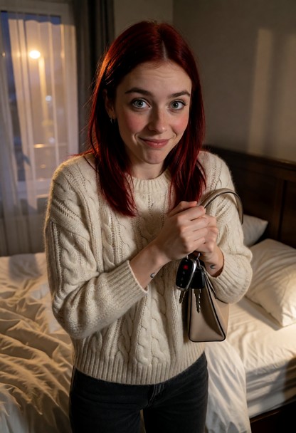 Location: evening in a cozy, dimly lit bedroom where the faint, pale glow from a streetlamp filters through the curta…