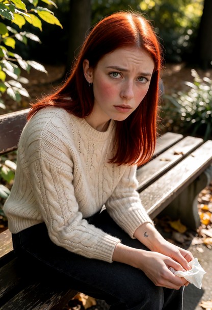 Location: late afternoon in a quiet outdoor park bench setting, with soft, filtered sunlight through autumn leaves ca…