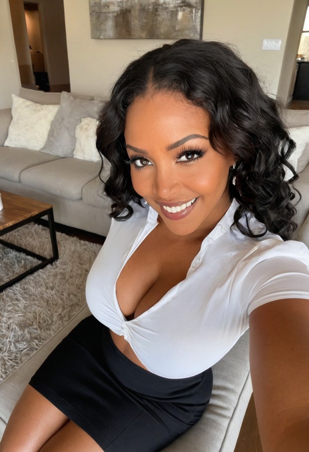 a sexy she is is sitting on a grey fabric couch,white silk blouse,black tight pencil skirt,living room,beige walls,pl…