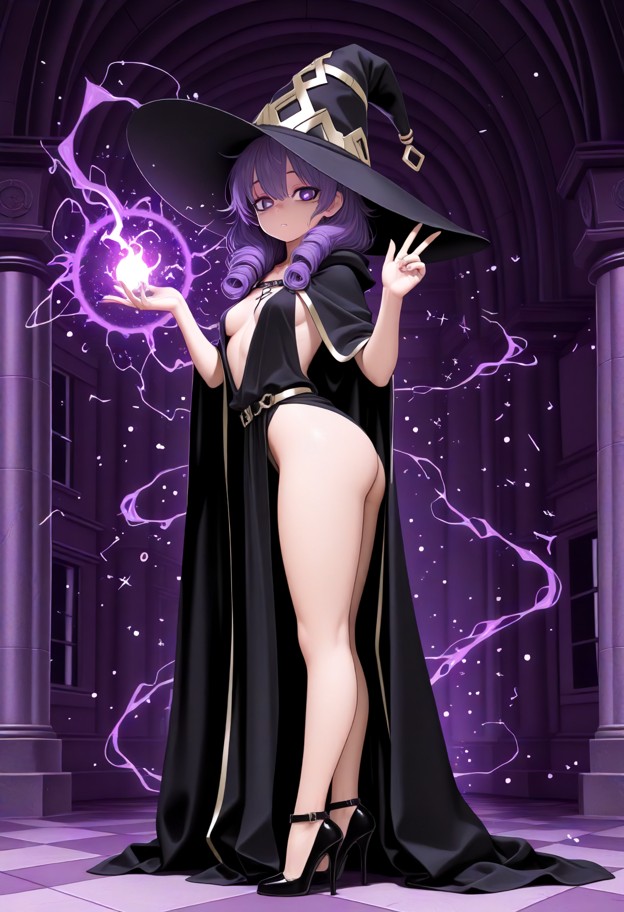 petite purples-haired professor standing tall on stiletto heels,casting a powerful arcane spell,hands raised high,int…