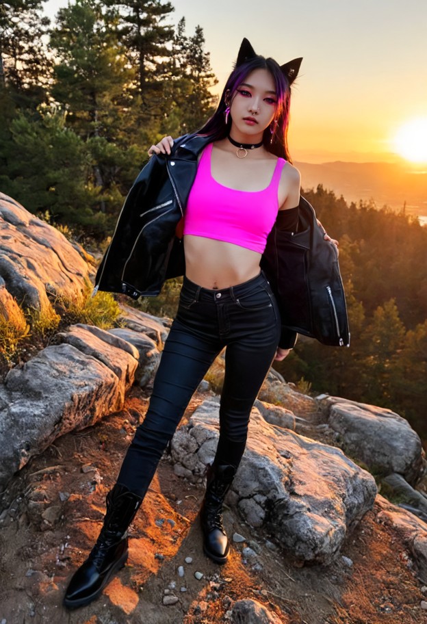 (wide shot camera angle:1.4),(standing on a steep cliffedge:1.3),facing the camera,(wearing a black leather jacket:1.…