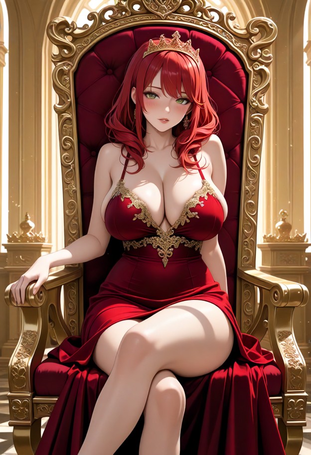 1girl,sitting,royal red dress with golden lace inspired by queen of diamonds card from a deck of cards,golden neckles…