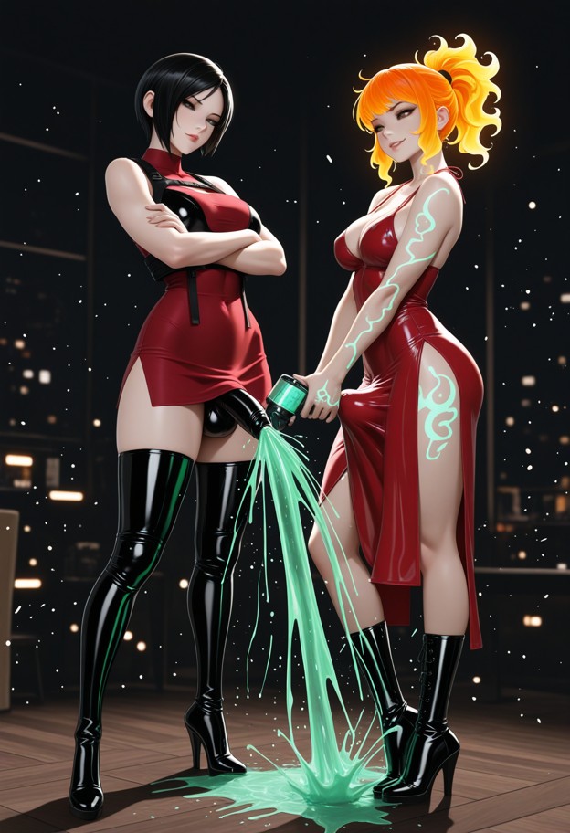 (vicky
 20yo:1.4) in foreground,devious smirk,(spraying green sparkling 
mist:1.3) towards the camera,wearing tight g…