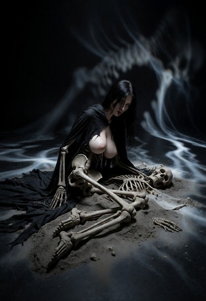 Death is a jagged skeleton collapsed in a heap. The tattered black cloak drapes lifelessly over the skeletal frame as…