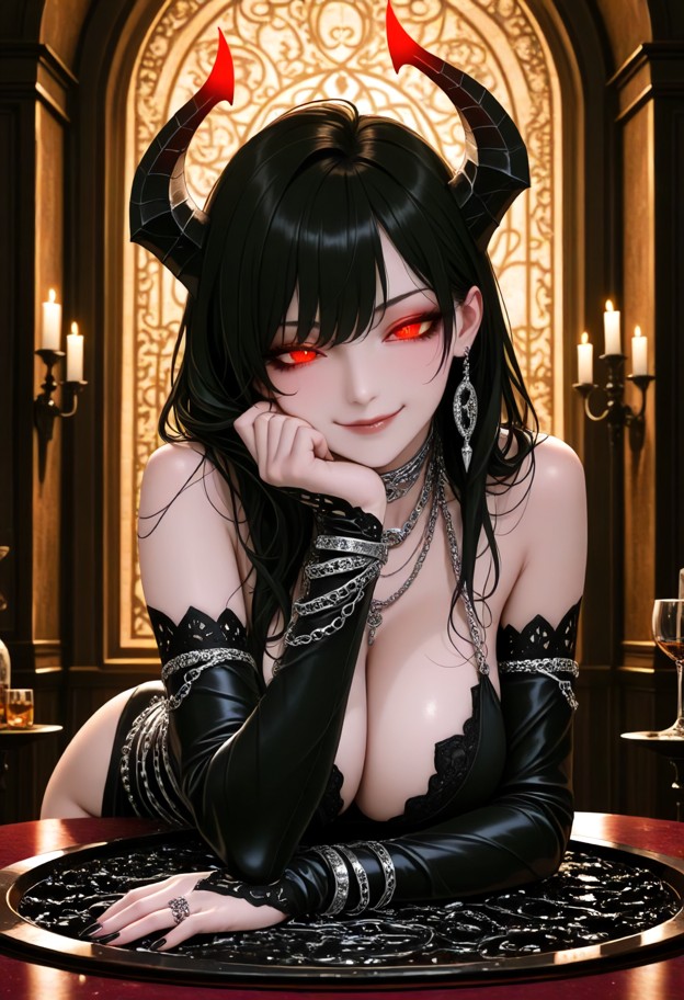 woman leaning towards viewer resting chin on hand suggestive smile gazing expectantly,wearing midnight blue velvet go…