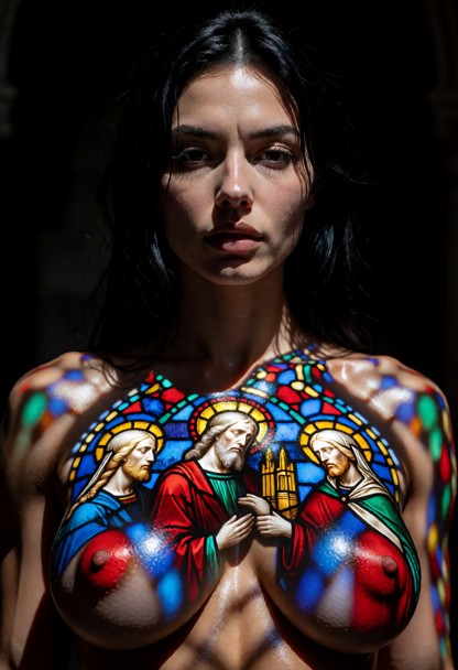 hyper-realistic close-up of a woman's torso and face acting as a living canvas. vibrant, saturated light from medieva…