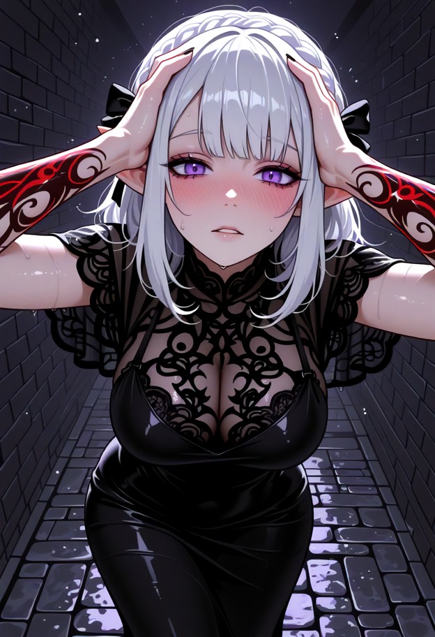 she is,solo,facing viewer,touching jaw,forehead to forehead,black silk dress,dimly lit narrow street,dark brick walls…