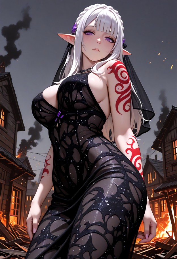 she is,solo,about to kiss,black translucent silk dress,silver jewelry,destroyed village,burning wooden houses,debris,…