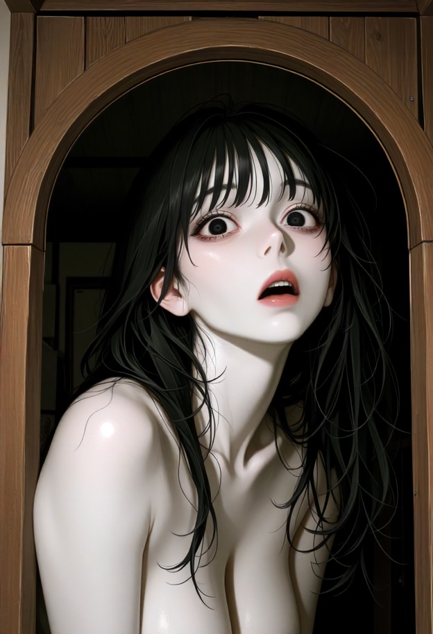 1 girl,solo,upside down,old japanese bedroom closet,ceiling attic hatch,girl hanging upside down through open attic h…
