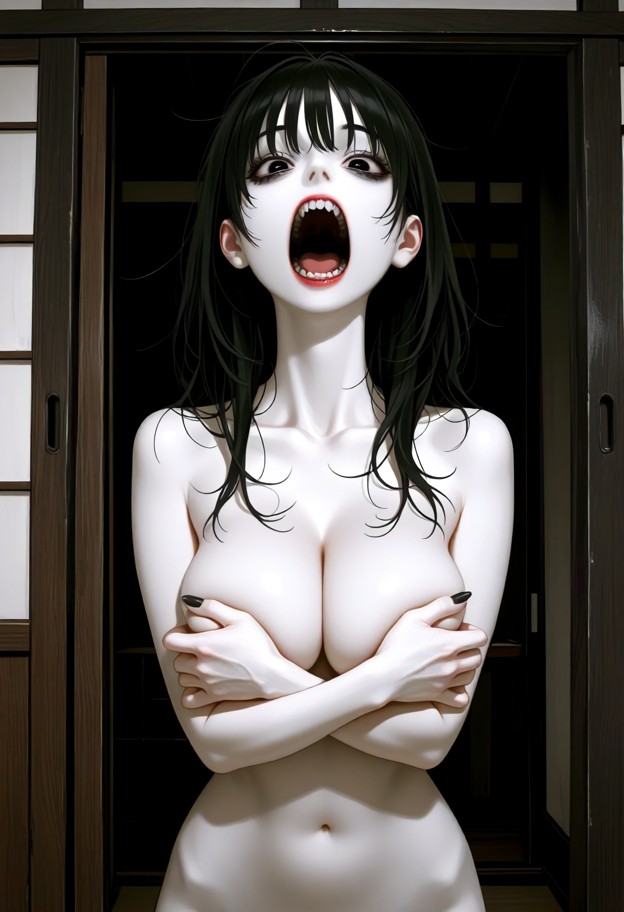 solo,fully naked,pure white skin,black hair,black fingernails,eyes wide open in shock,mouth wide open in a yawn,old j…