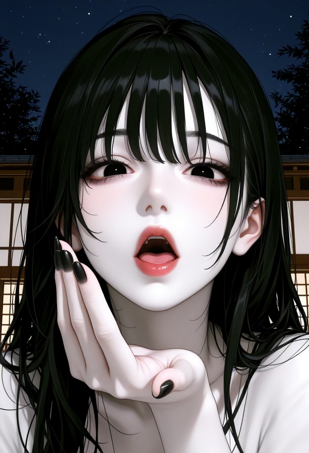 1girl,solo,about to kiss pov,(close up,forming lips) facing viewer,blowing kiss,pure white skin,black hair,black fing…