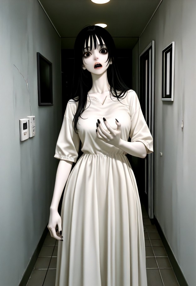 1girl hunched over in dimly lit hallway,head twisted sideways at unnatural angle,black hair cascading down pale face,…