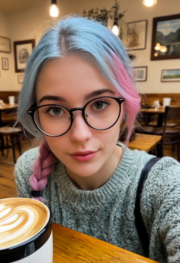 1girl leaning forward,light blue knitted sweater,dark wash jeans,biting her lip,wooden table,two coffee cups,cozy caf…