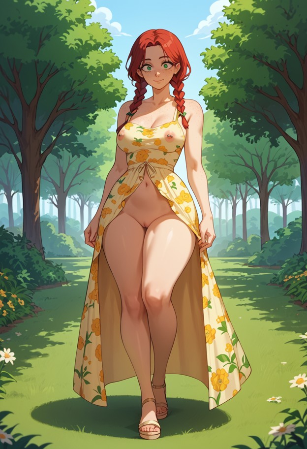 she is standing and smiling while fidgeting with her dress strap,yellow floral sundress,outdoor park,green grass,tree…