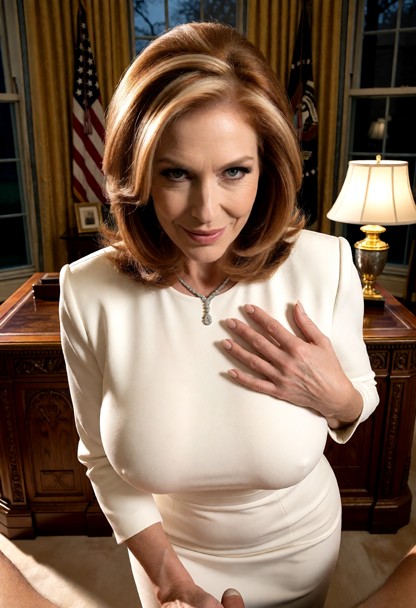 Location: evening in the stately Oval Office, with polished mahogany furniture, golden accents on the desk, and soft,…