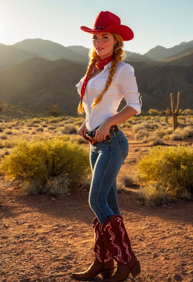 jessie from toy story standing confidently in a sunny western landscape,bright red cowgirl hat,long red braided hair,…