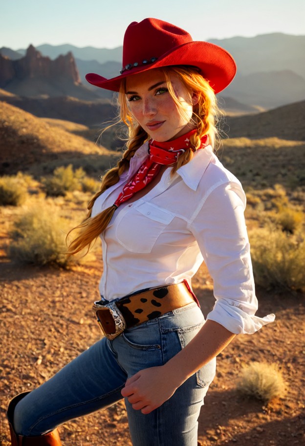 jessie from toy story standing confidently in a sunny western landscape,bright red cowgirl hat,long red braided hair,…