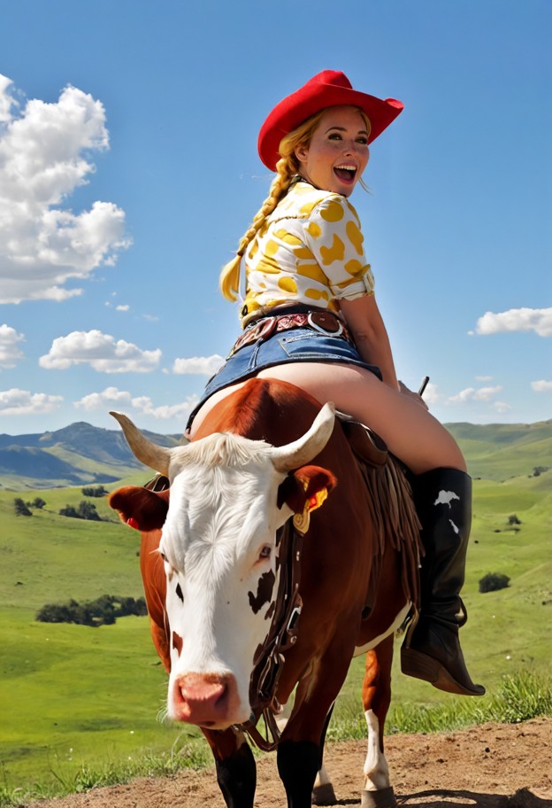 jessie from toy story happily riding bullseye through a colorful countryside,red cowgirl hat,red braid,classic white-…