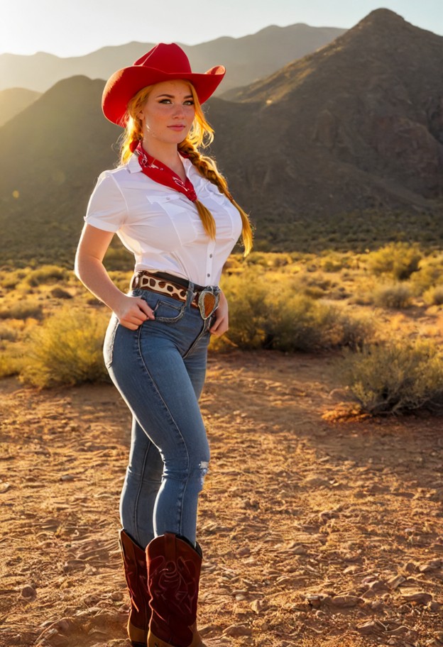jessie from toy story standing confidently in a sunny western landscape,bright red cowgirl hat,long red braided hair,…