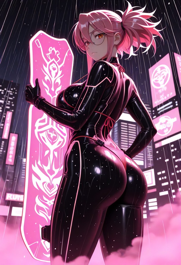 (high-altitude cinematic action shot:1.4),cyberpunk rider flying sleek pink hover-glider,deep within neon skyscraper …