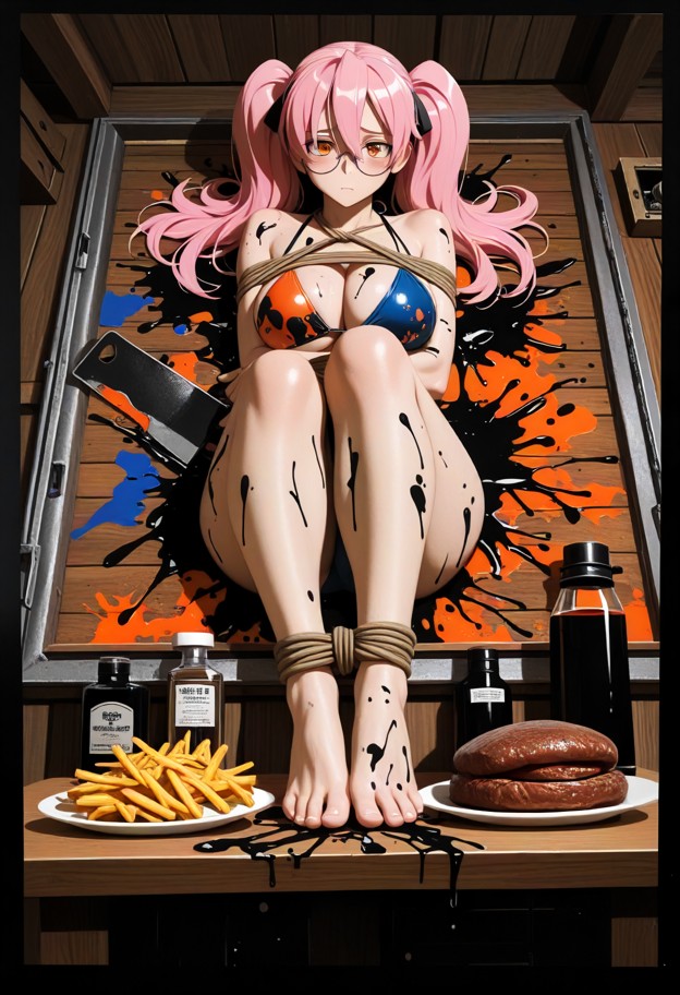 1girl,solo,wide-angle cinematic composition,lying flat on her back on a massive scarred oak table,inside a dark vault…