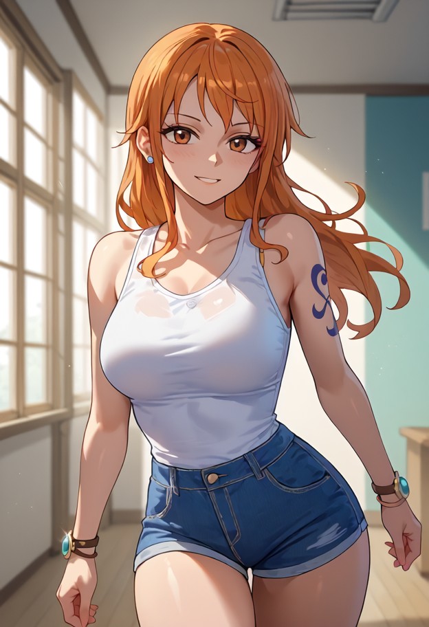 standing and running her hand through her hair,white sleeveless tshirt,blue high waisted denim shorts,bright room,neu…