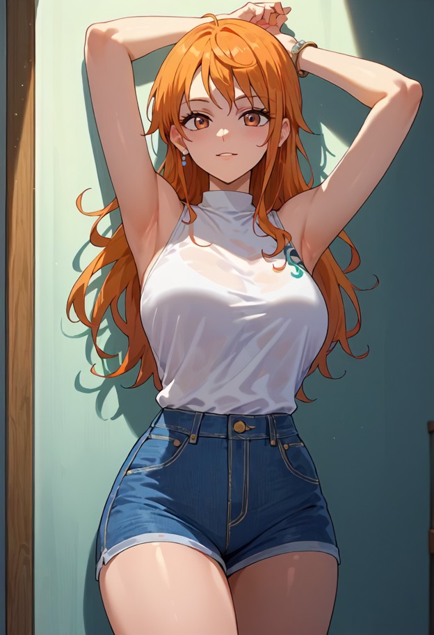 leaning against the wall with her arms raised,white sleeveless tshirt,blue denim shorts,bright room,neutral colored w…