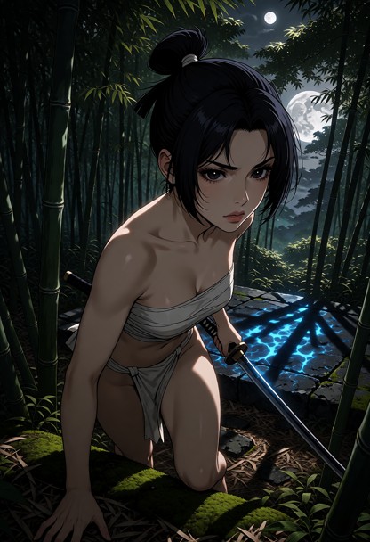 Location: late afternoon in a dense bamboo forest where dappled sunlight filters through the thick green canopy, clas…