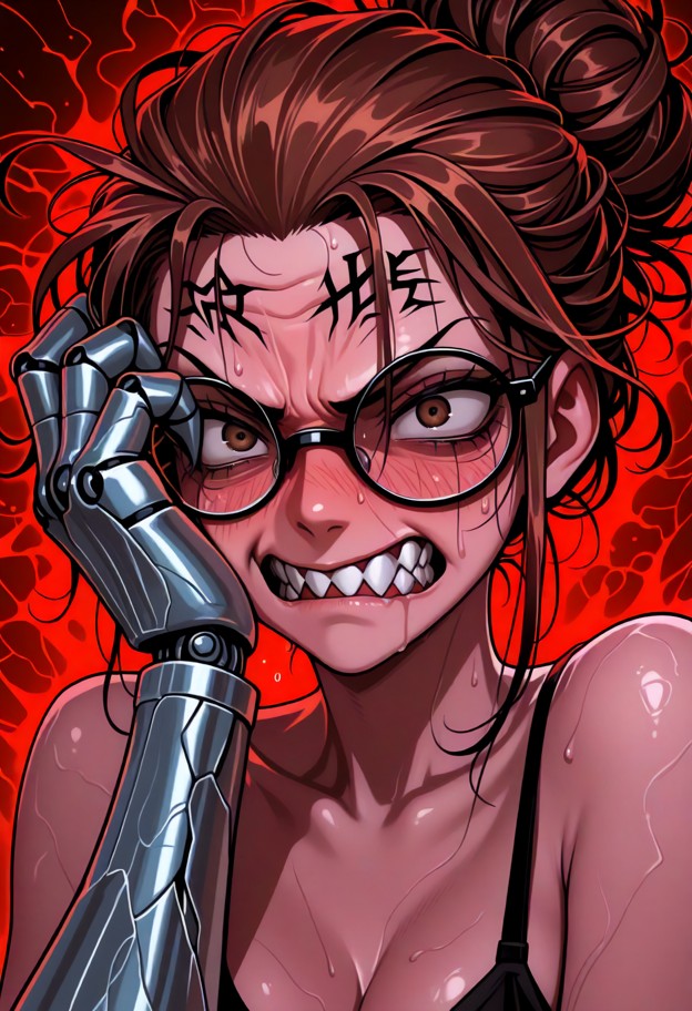 extreme close-up portrait of a furious  female anime character with red hair,(unbridled psychotic rage:1.6),(viciousl…