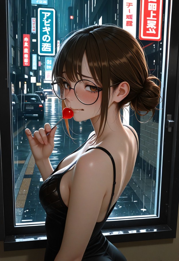 an extreme close-up shot of a thoughtful woman gently touching a translucent red lollipop to her lips. cinematic ligh…