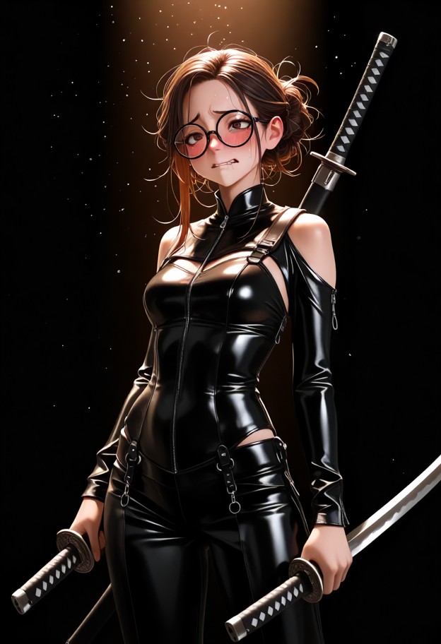 direct front view,eye-level shot of a beautiful woman wearing a sleek black leather outfit,holding two separate weapo…