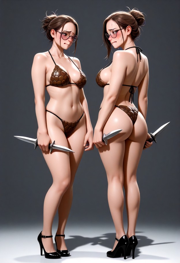 front view,full body shot of a beautiful woman,holding dual daggers,perfectly symmetrical pose,resting left dagger on…