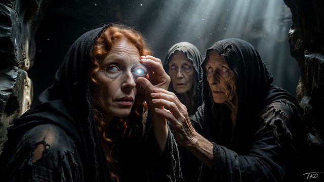 Transform the single female model into three identical ancient witch sisters known as prophetic crones cursed to shar…